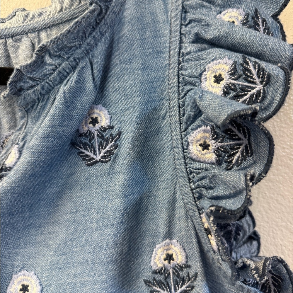 A Loves A Chambray Embroidered Ruffle Tiered Dress with Pockets | Size M | NWT - Picture 7 of 11